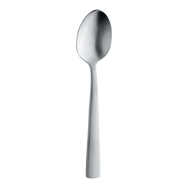 A single stainless steel teaspoon with a simple, modern design is shown against a white background.