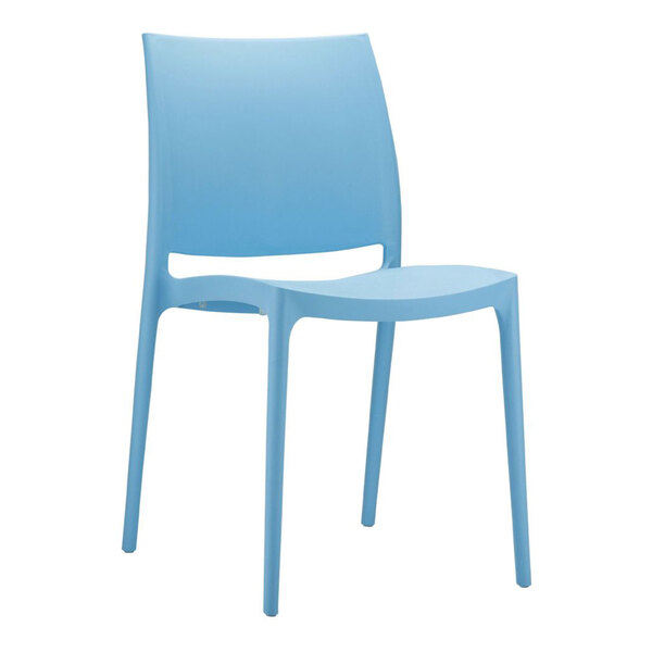 A light blue chair with a simple, modern design and a slightly curved backrest.