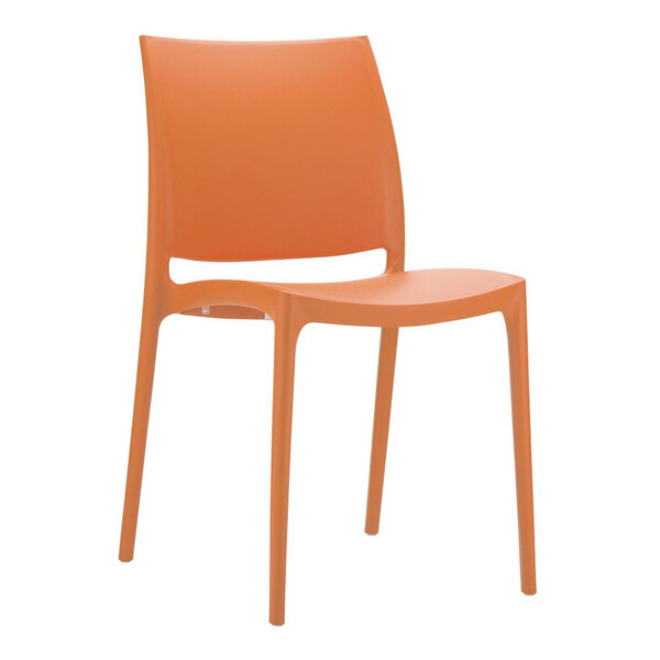 An orange plastic chair with a simple, modern design and four straight legs.