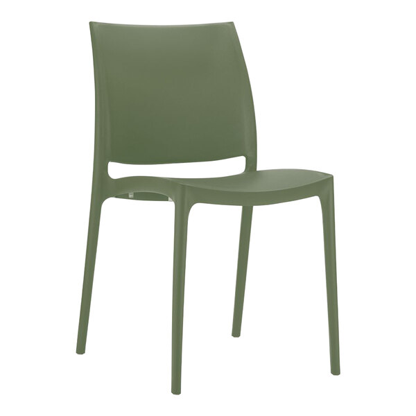 A green chair with a simple, modern design and a slightly curved backrest.