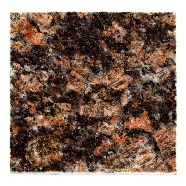 A close-up view of a polished granite surface with a mix of dark brown, black, and reddish-tan mineral patterns.