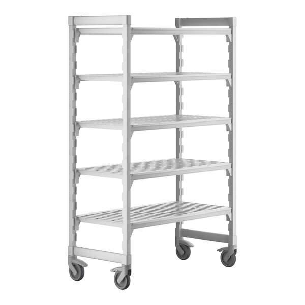 A white metal Cambro Camshelving Premium mobile shelving unit with 5 shelves.