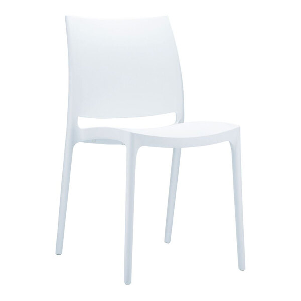 A white, modern, minimalist chair with a slightly curved backrest and four straight legs.