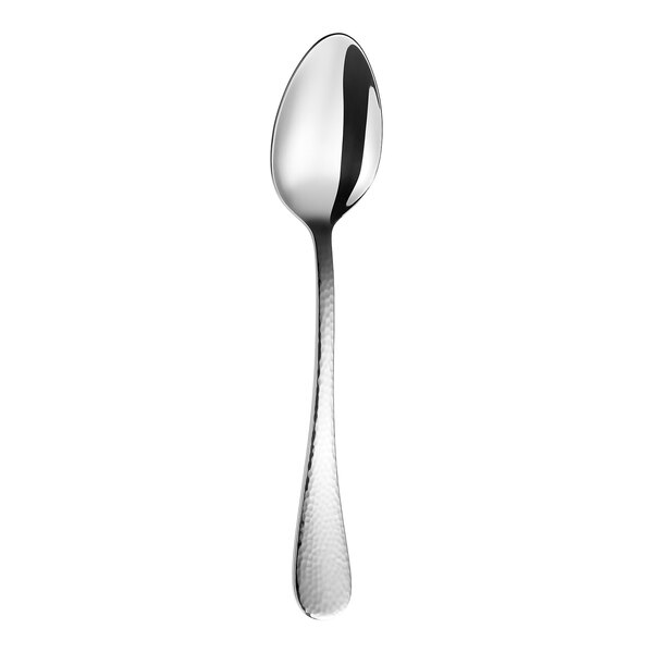A shiny metal spoon with a textured handle is shown against a white background.
