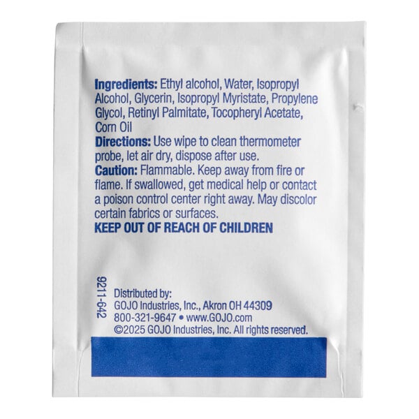 The image shows the back of a packet with printed instructions, ingredients, and caution information for thermometer probe wipes.