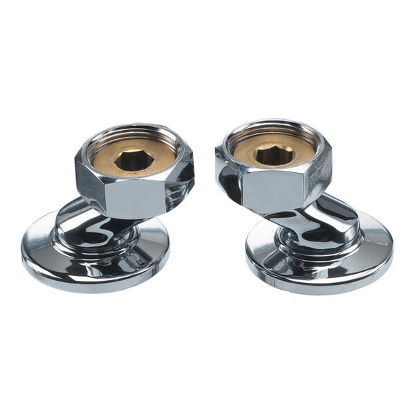 Two chrome and brass plumbing fittings with angled bases and hexagonal tops are shown side by side on a white background.