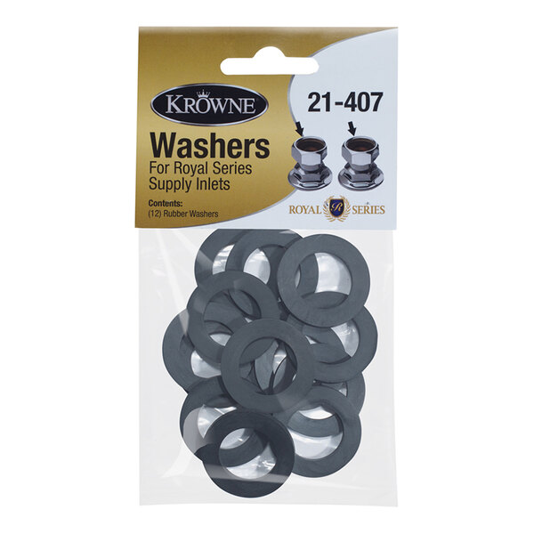 A package containing twelve black rubber washers with a labeled header card.