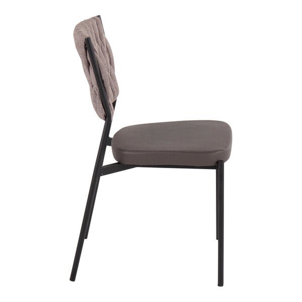 A side view of a chair with a black metal frame, a light brown braided fabric backrest, and a cushioned faux leather seat.