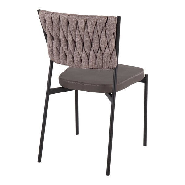A modern chair with a black metal frame, a light brown braided fabric backrest, and a cushioned faux leather seat.