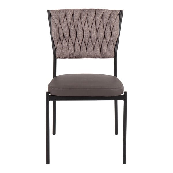 A modern chair with a black metal frame, a light brown braided fabric backrest, and a cushioned faux leather seat.