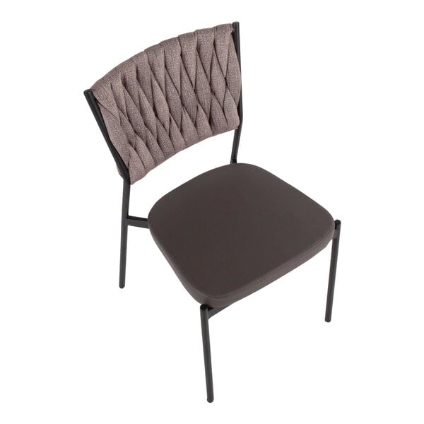 A modern chair with a black metal frame, a light brown braided fabric backrest, and a smooth dark seat.