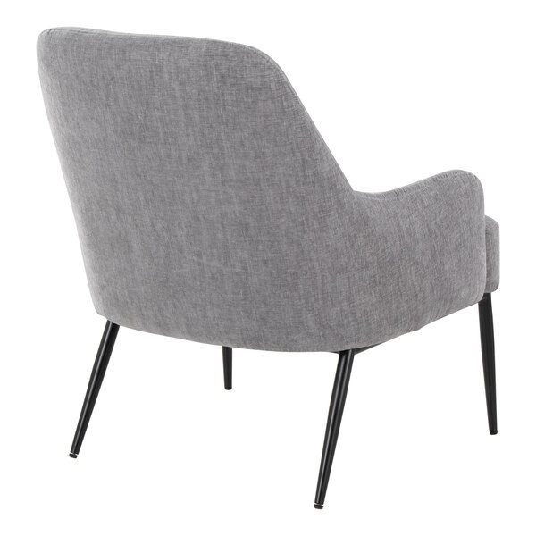 A modern chair with light grey fabric upholstery, black metal legs, and a curved backrest, viewed from the rear.