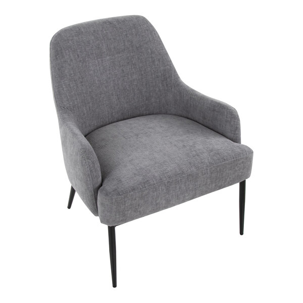 A modern accent chair with light grey fabric upholstery and black metal legs.