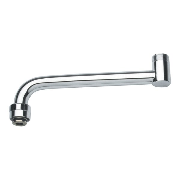 A chrome-colored, L-shaped metal spout extension with threaded ends.