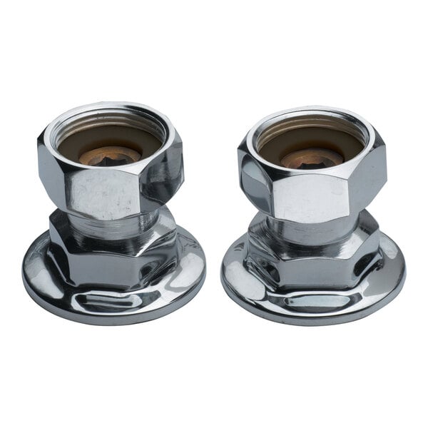 Two shiny, metallic coupling flanges with hexagonal tops and wide circular bases are shown side by side on a white background.