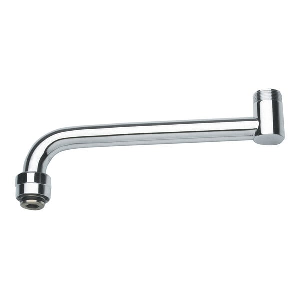 A metal, L-shaped spout extension with a polished chrome-like finish and threaded ends.