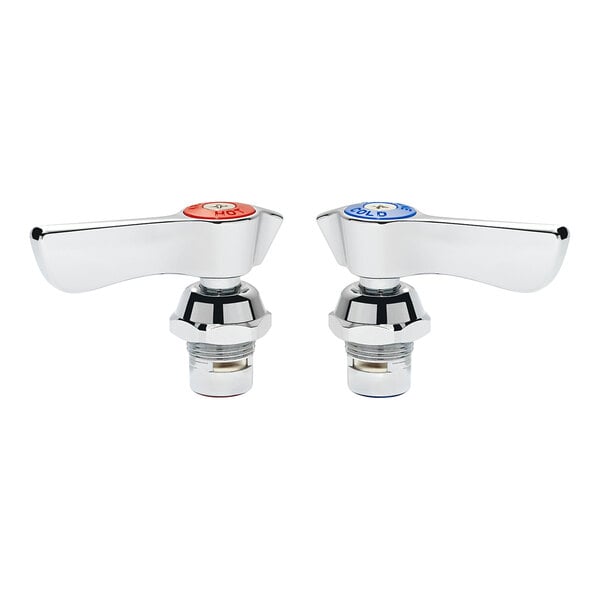 Two chrome faucet handles, one labeled 'HOT' with a red indicator and the other labeled 'COLD' with a blue indicator, both with a lever design and threaded bases.