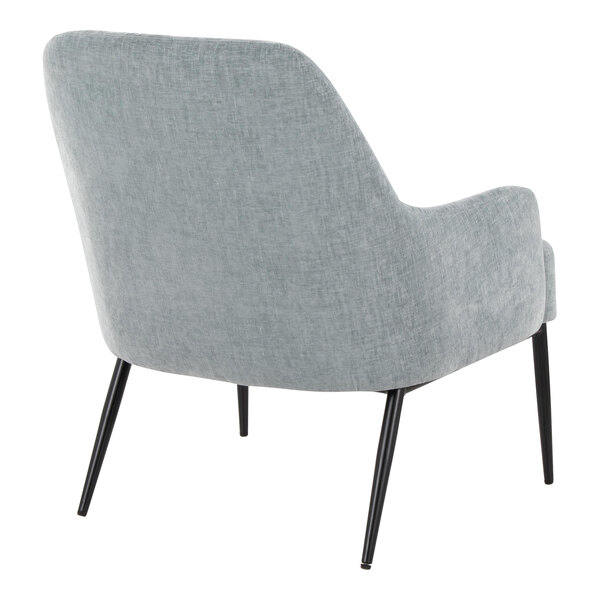 A light blue fabric-upholstered chair with a curved backrest and black metal legs, viewed from the rear angle.