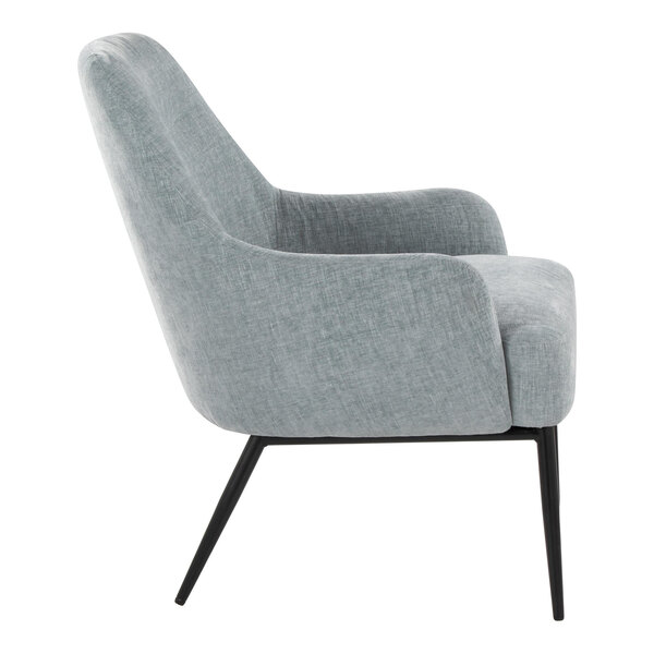 A side view of a modern chair with light blue fabric upholstery and black metal legs.