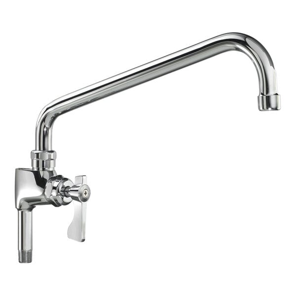 A chrome-colored faucet with a long, angled spout and a lever handle.