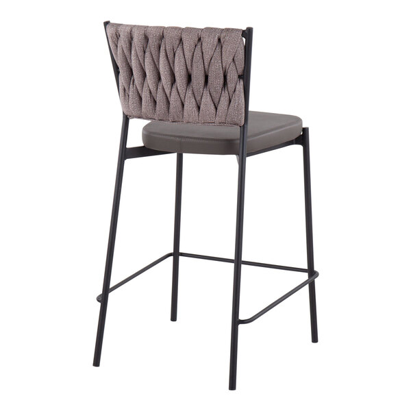 A counter-height stool with a black metal frame, a light brown braided fabric backrest, and a cushioned seat.