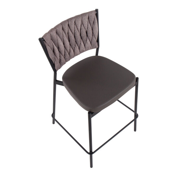 A modern counter-height stool with a black metal frame, a light brown braided fabric backrest, and a dark faux leather seat.