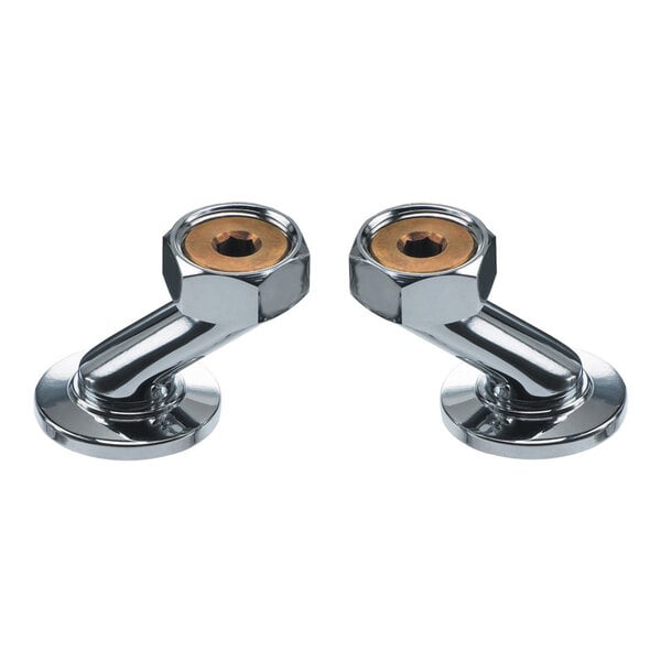 Two chrome-colored, angled metal fittings with hexagonal ends and circular bases, featuring brass-colored inner rings.