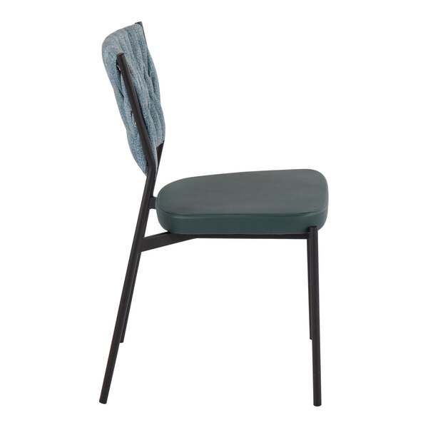 A side view of a chair with a black metal frame, a sea green cushioned seat, and a braided fabric backrest.