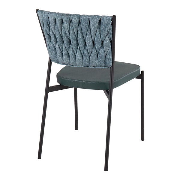 A modern chair with a black metal frame, a sea green braided fabric backrest, and a matching faux leather seat, shown from the rear angle.