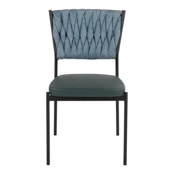 A modern chair with a black metal frame, a sea green braided fabric backrest, and a matching faux leather seat.