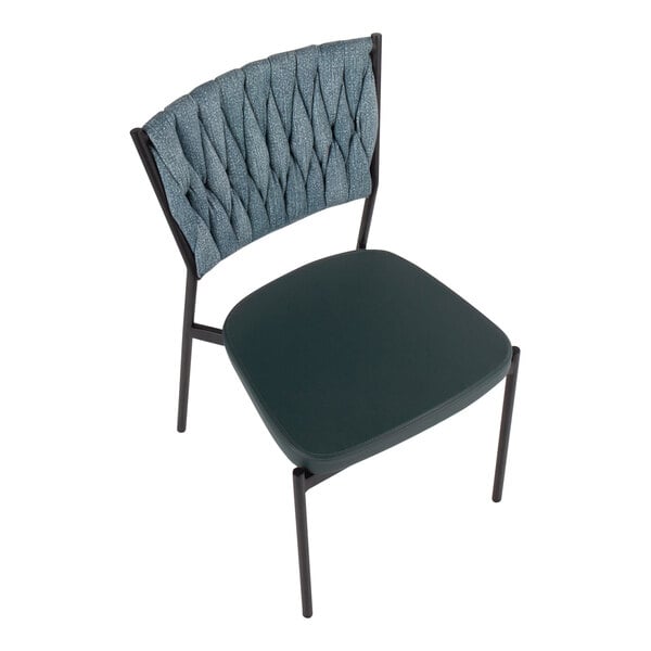 A modern chair with a black metal frame, a textured sea green braided fabric backrest, and a smooth sea green faux leather seat.