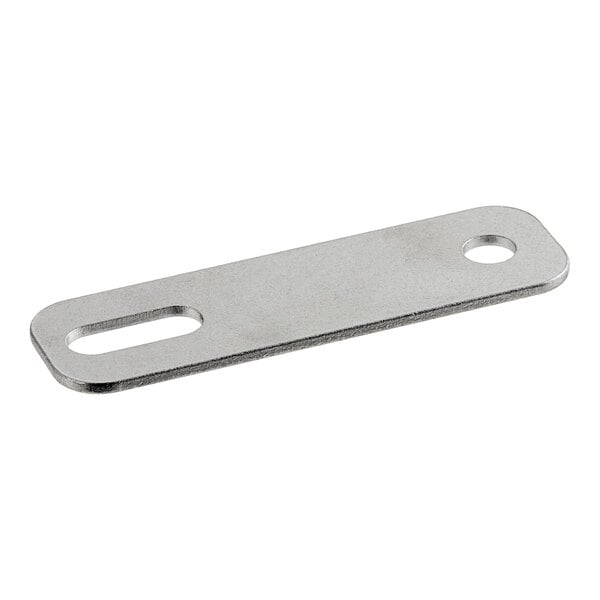 A flat, rectangular metal bracket with rounded corners, featuring one circular hole and one elongated slot.