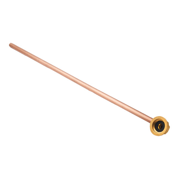 A straight copper tube with a brass fitting on one end, photographed against a white background.
