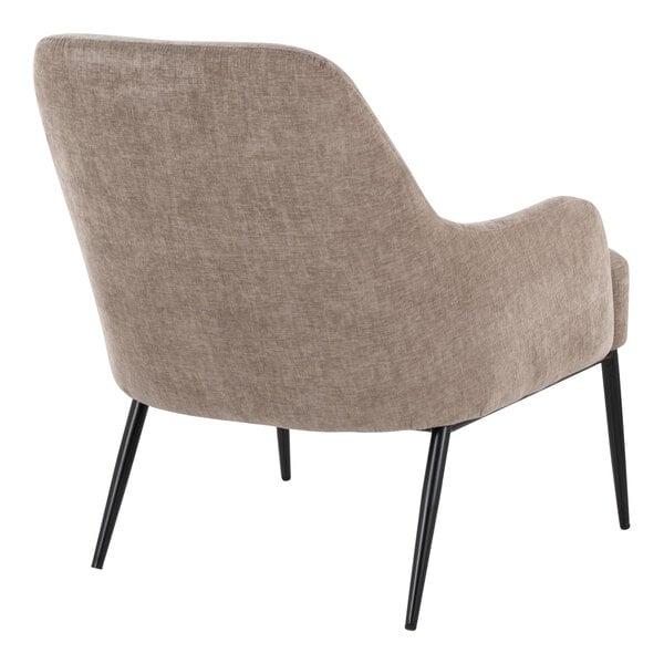 A light brown fabric-upholstered chair with a curved backrest and black metal legs, viewed from the rear angle.
