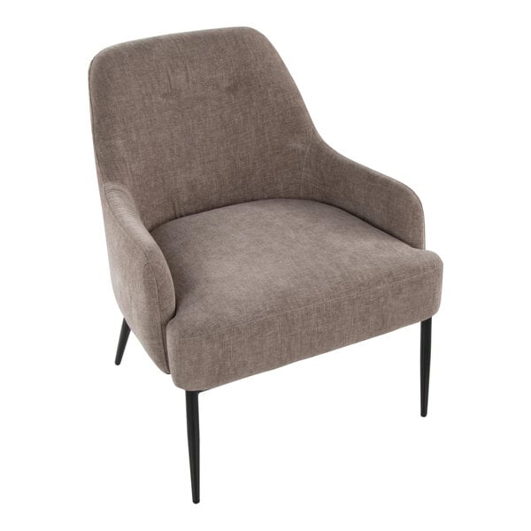 A modern accent chair with light brown fabric upholstery, curved backrest, and black metal legs.