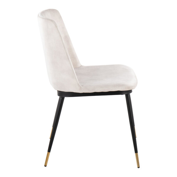 A side view of a modern chair with a beige upholstered seat and back, black legs, and gold-colored tips on the legs.