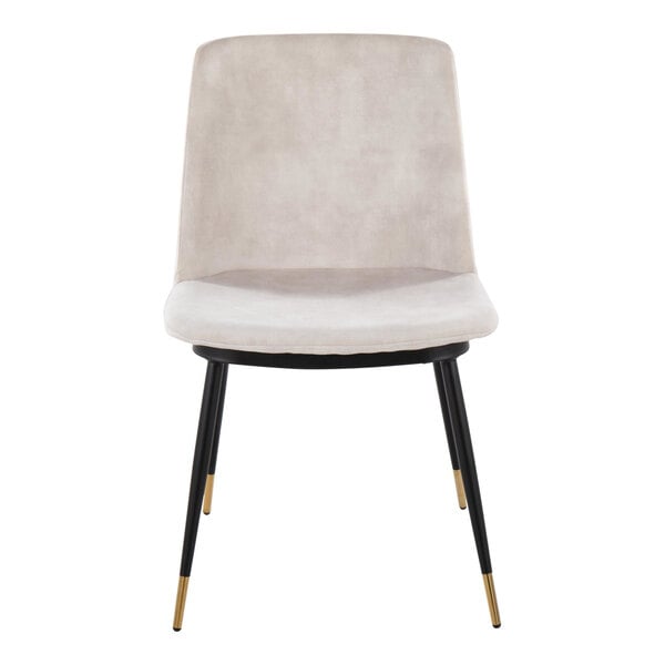 A modern chair with a beige velvet seat and backrest, black metal legs, and gold-colored tips.