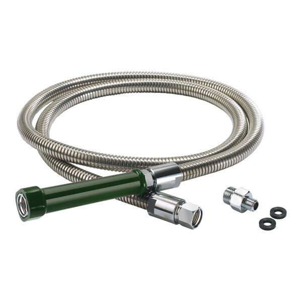 A coiled metal hose with a green grip handle, chrome fittings, a connector, and two black washers.