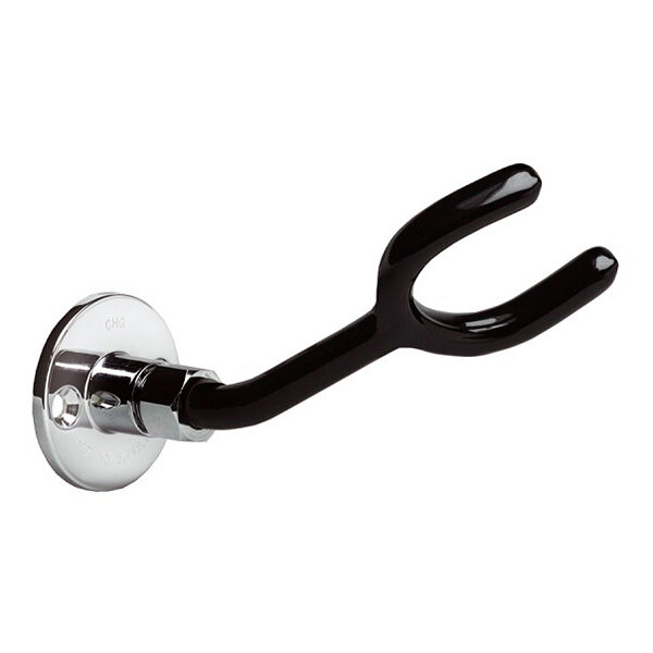 A wall-mounted metal hook with a black, plastic-coated, U-shaped prong.