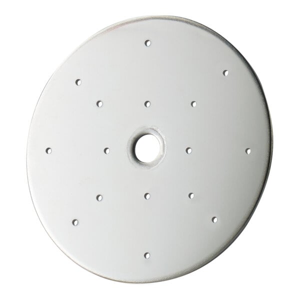 A round, metallic disc with a central hole and multiple small holes arranged in a pattern around it.