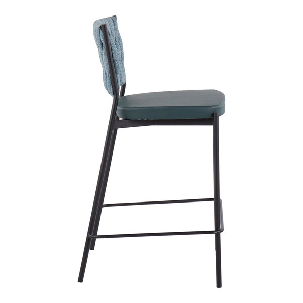 A side view of a counter-height stool with a black metal frame, a sea green cushioned seat, and a braided fabric backrest.