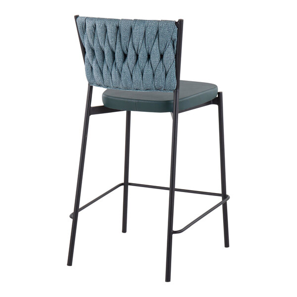 A counter-height stool with a black metal frame, a sea green braided fabric backrest, and a matching green cushioned seat.