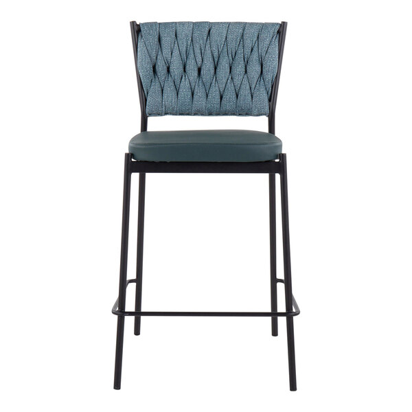 A counter-height stool with a black metal frame, a sea green braided fabric backrest, and a matching faux leather seat.