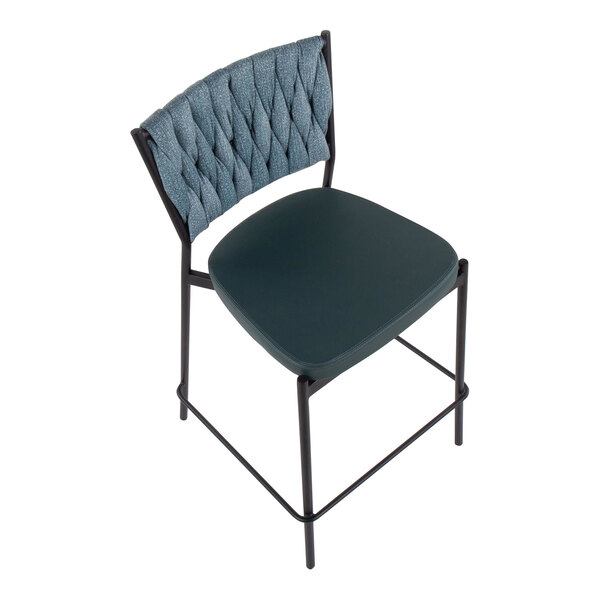 A counter-height stool with a black metal frame, a sea green braided fabric backrest, and a matching faux leather seat.
