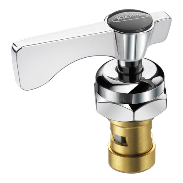 A metallic valve component with a chrome handle and brass base, featuring a modern, industrial design.