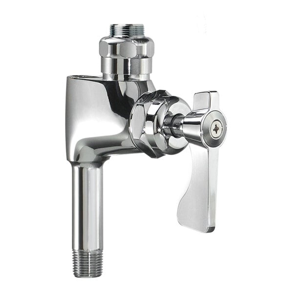 A chrome-colored metal faucet with a lever handle and threaded connections, shown without a spout.