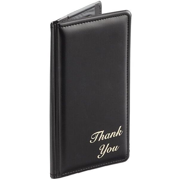 A black, rectangular, leather-like check presenter with the words 'Thank You' written in gold script on the front.