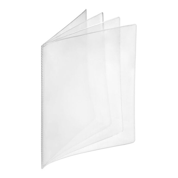 A clear, multi-panel plastic booklet with four visible transparent pages and a spine on the left side.