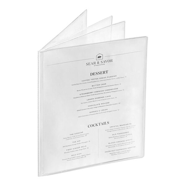 A clear, multi-panel menu cover displaying a printed menu sheet inside.
