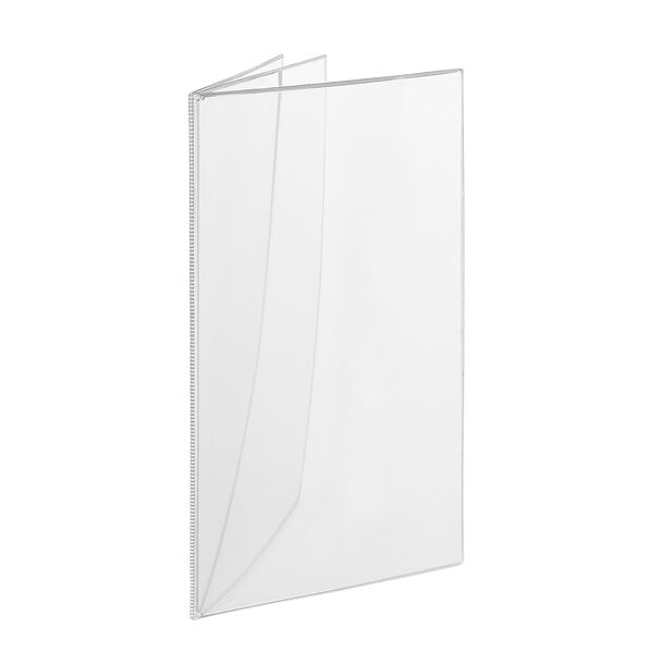 A clear, triple-panel booklet with six visible transparent pockets, standing upright and slightly open.